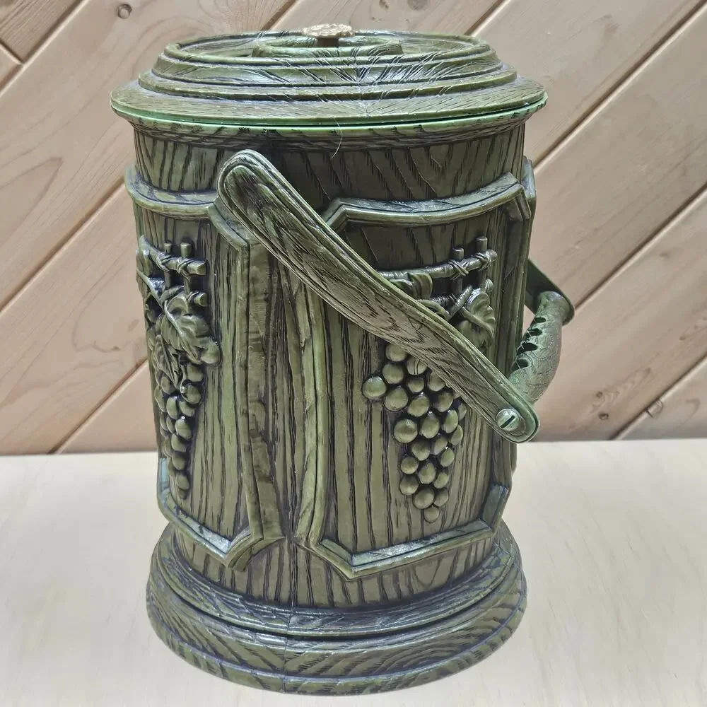Vintage MCM 1960s Faux Wood Ice Bucket Cooler Barware Green Grapes w Handle
